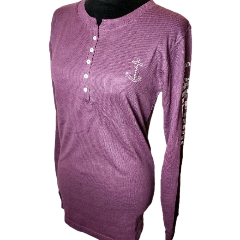 Lake Girl Women Maroon Long Sleeve T-Shirt L Embellished on Sleeve NWOT